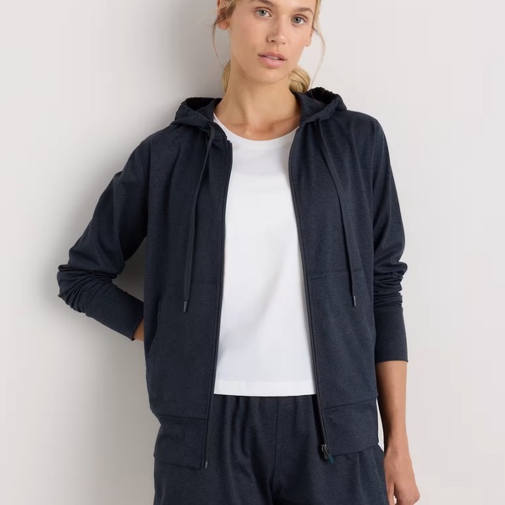 New: Quince Flowknit Full-Zip Hoodie. Heathered Navy. Size Small